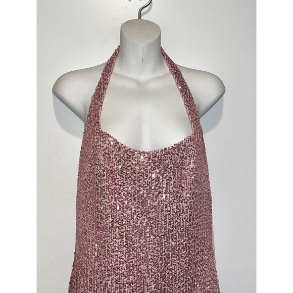 NWT Leena for Mac Duggal Pink Sequined Halter Strap Low Side Knot Gown Size 8 - Picture 7 of 16
